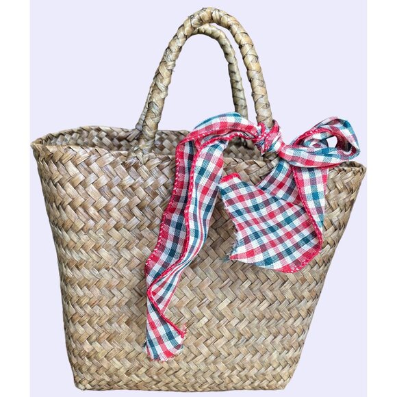 Handwoven Natural Straw Tote Bag With Plaid Ribbon Accent & Sturdy Handles - Picture 1 of 10